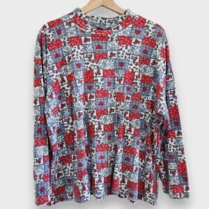 Vintage Patchwork Print Long Sleeve Top Red White Blue Mock Neck Top Size 1X